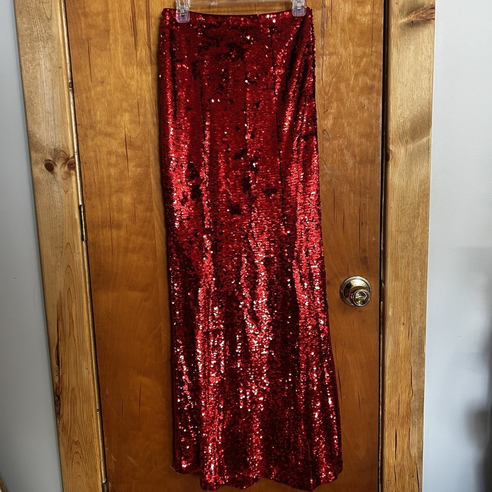 NEW‎ Johnny Wujek Red Luxe Sequin Maxi Holiday Christmas Lined Skirt Medium $99